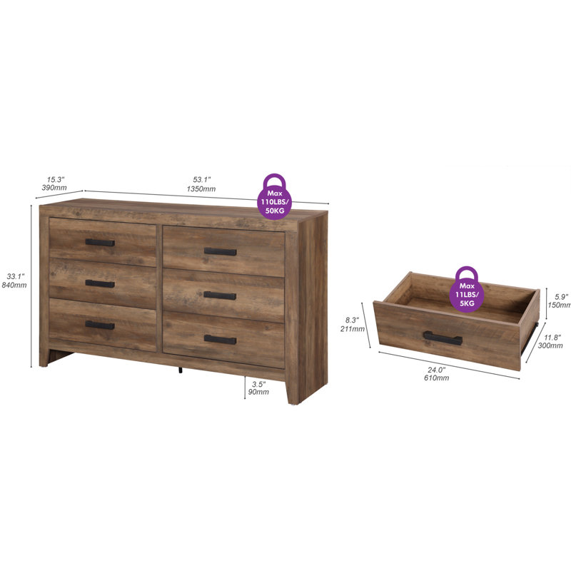 Rustic Brown 6 Drawers Double Dresser, Dark Brown