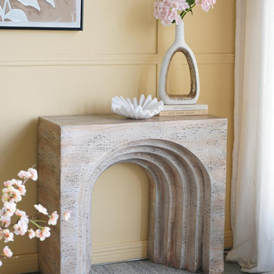 Console arquée moderne 32,3 x 14,2 x 29,9 po, finition faux travertin beige | Idée cadeau
