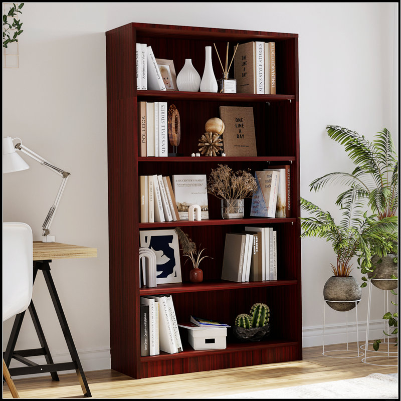 Bibliothèque à 5 tablettes en bois de cerisier avec tablettes réglables, robuste et élégante pour le rangement dans la chambre à coucher