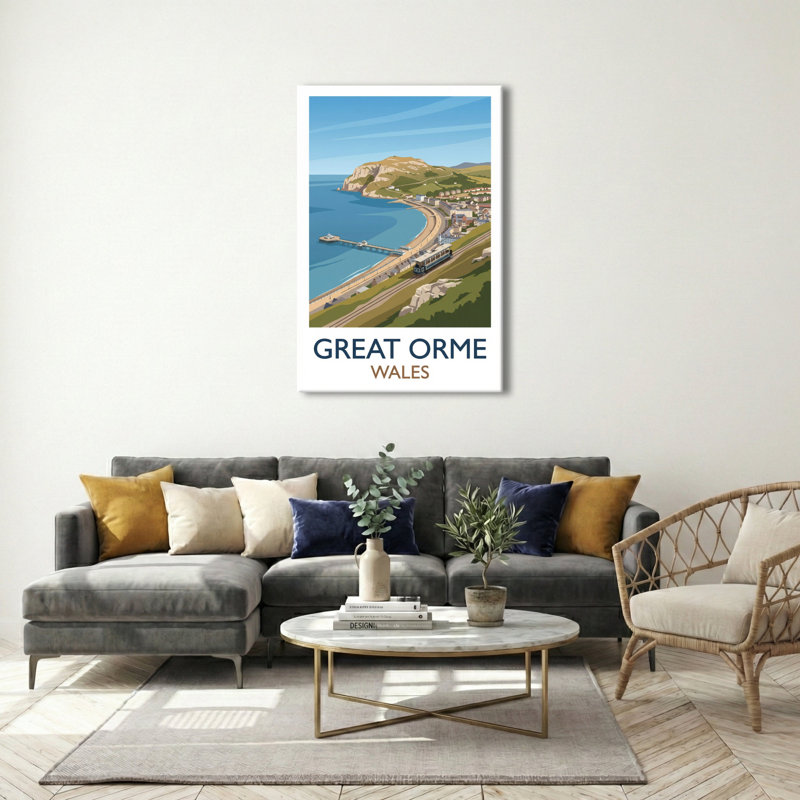 Great Orme, Wales - Romantic Travel Poster Of Llandudno Headland And Tramway. Giclee Print On Wrapped Canvas. Wall Art, Home Decor - Natural Landmarks, Wales - Wrapped Canvas Print