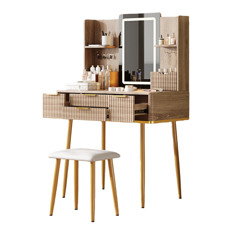 Bureau de coiffeuse à 4 tiroirs jaune brun avec miroir à DEL à intensité variable et tabouret en polyuréthane