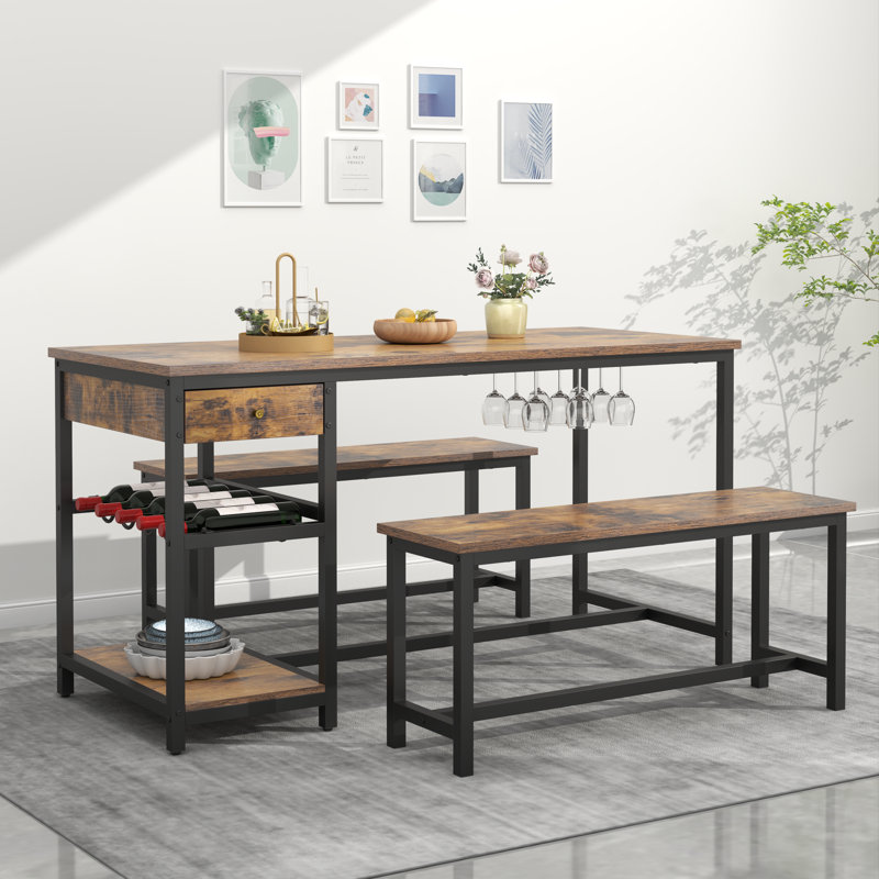 Gigette Dining Table Set for 4-6 People, 54.7" Kitchen Dinner Table with 2 Benches, Dining Room Table Set, Rustic Brown/Black