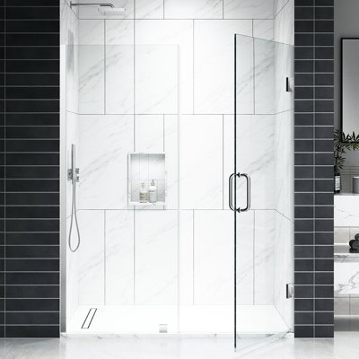 EV Series 55in. - 66in. W x 72in. Frameless Hinged Glass Shower Door | 1 Inches Width Adjustment for Each Size | 3/8 in. Thickness Tempered Clear Glass | Adjustment Uneven Walls