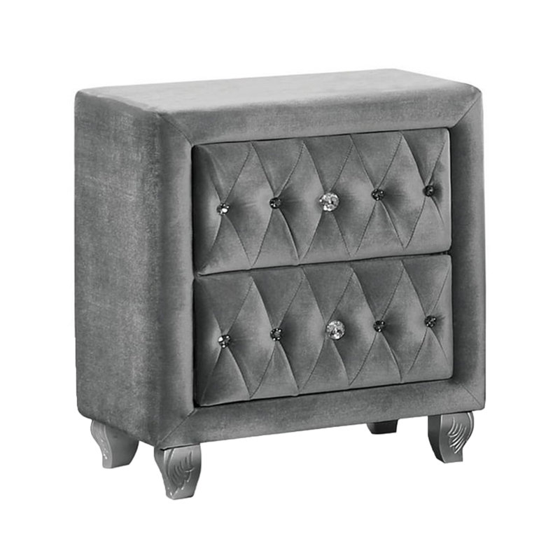 Table de chevet Rea, 26 po, 2 tiroirs, tissu gris capitonné