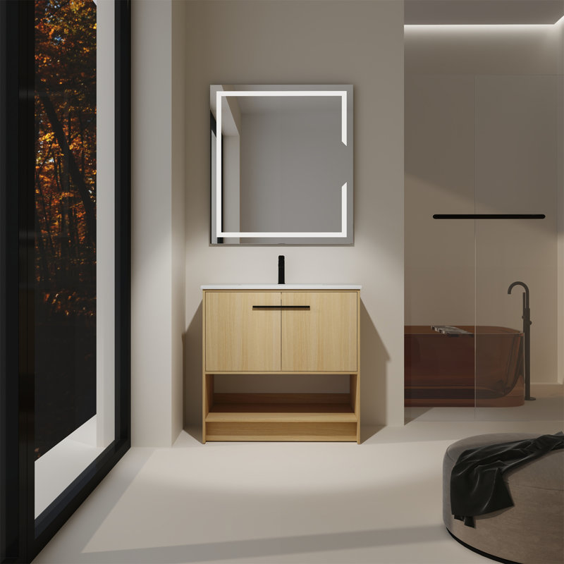 Bathroom Vanity With Ceramic Sink, Oak, 36"