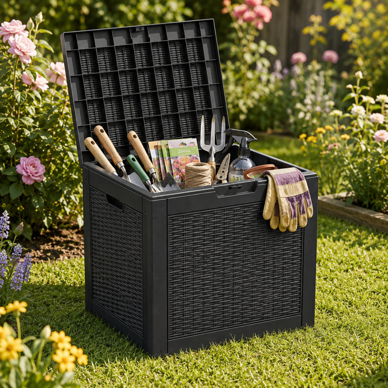 Coffre de terrasse verrouillable en résine 45 gallons avec couvercle verrouillable et plateau renforcé, Black
