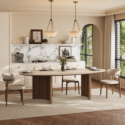 Table de salle à manger 86 pouces ovale pour 4 à 6 personnes, table de cuisine de ferme moderne avec plateau en pierre de travertin et base courbée en bois massif, grande table de salle à manger ovale en bois pour la maison