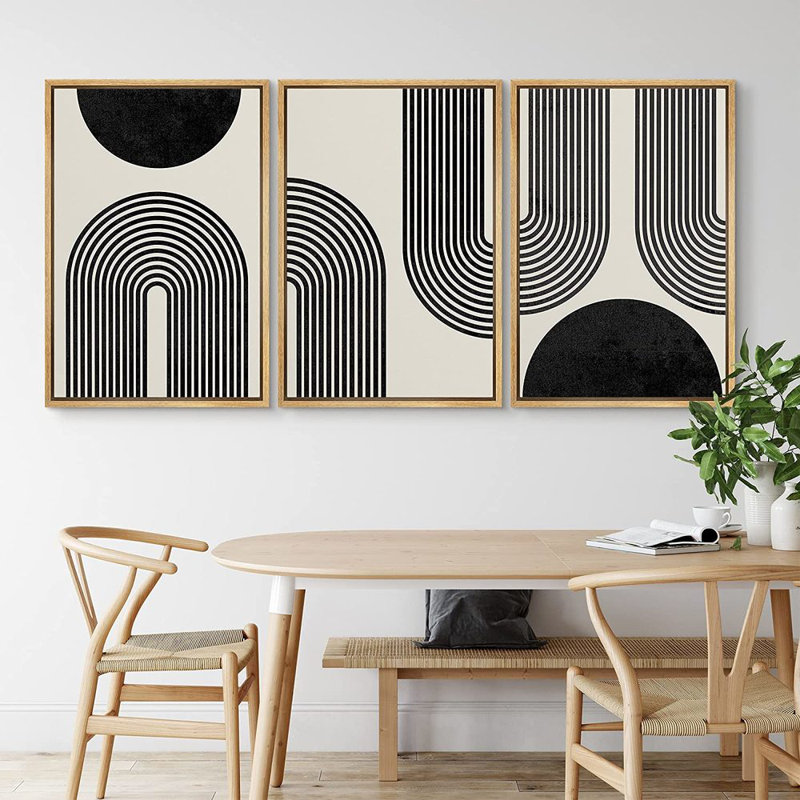 Black Mid-Century Modern Contemporary Pictures Boho Home Decor - Framed Canvas Print Wall Art Work, 24" H x 48" W x 1.5" D