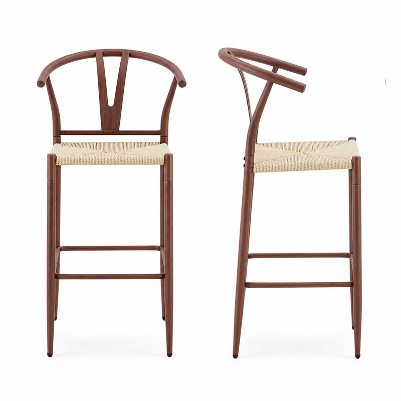Ensemble de 2 chaises de comptoir de style Mid-Century avec sièges en corde tissée à la main, Noyer