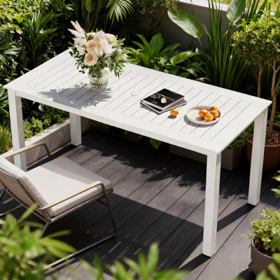 All Weather Rectangular Patio Table With Umbrella Hole And Aluminum Frame - Outdoor Furniture For Outside Backyard/Garden/Pool/Porch/Deck