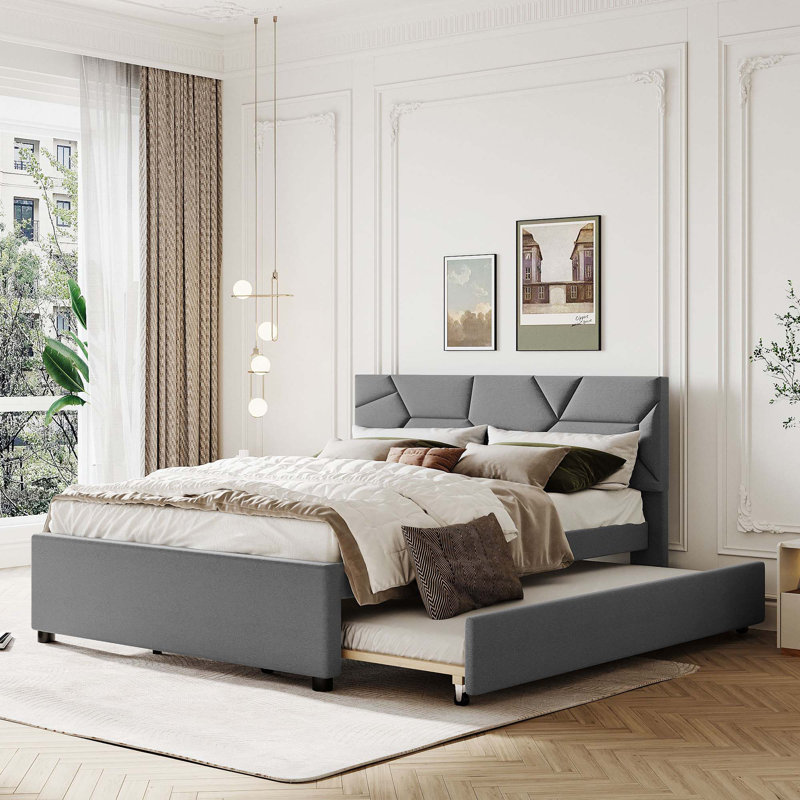 Lit plateforme tapissier avec lit gigogne, Grey, Grand