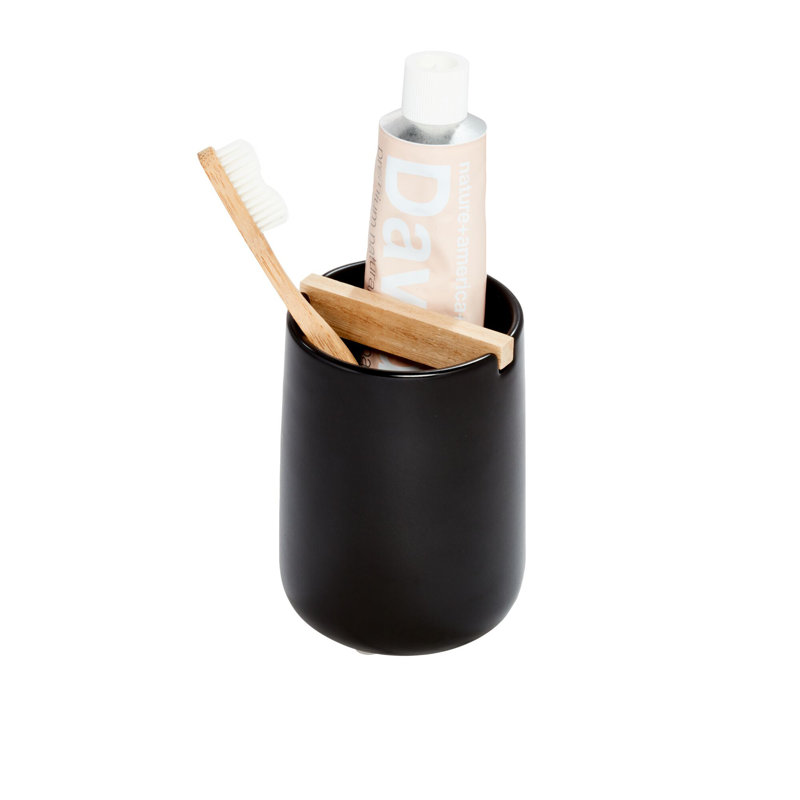Porte-brosse à dents en céramique avec séparateur en bois de paulownia iDesign Eco, Noir mat
