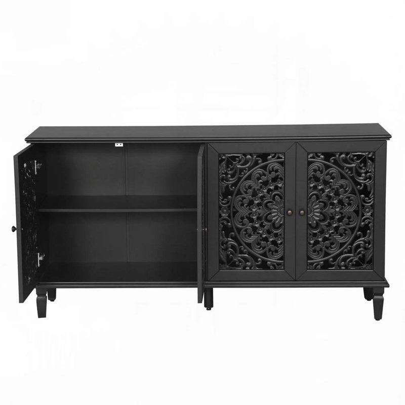 Console de rangement avec armoire avec sculptures florales et pieds en bois massif, Noir