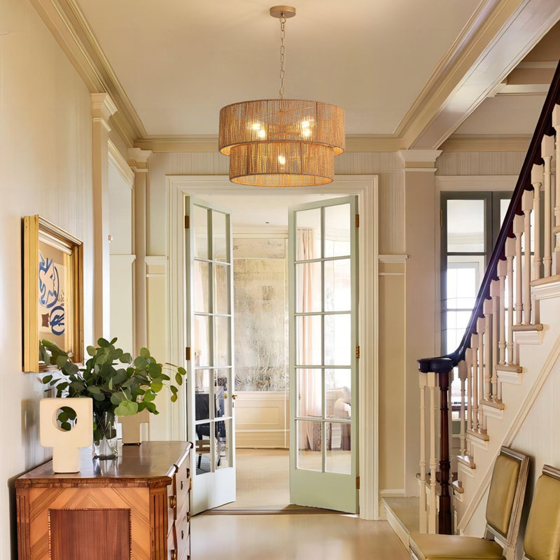 5-Lights Hand-Woven Rattan Pendant Light, Yellow