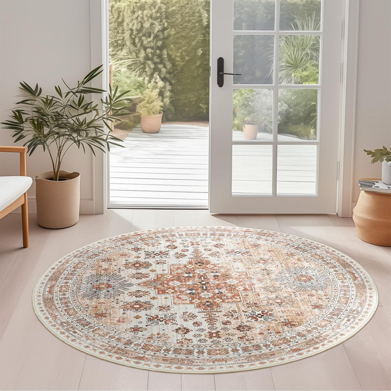 Medallion Non Slip Washable Rug(Orange), Round 5'