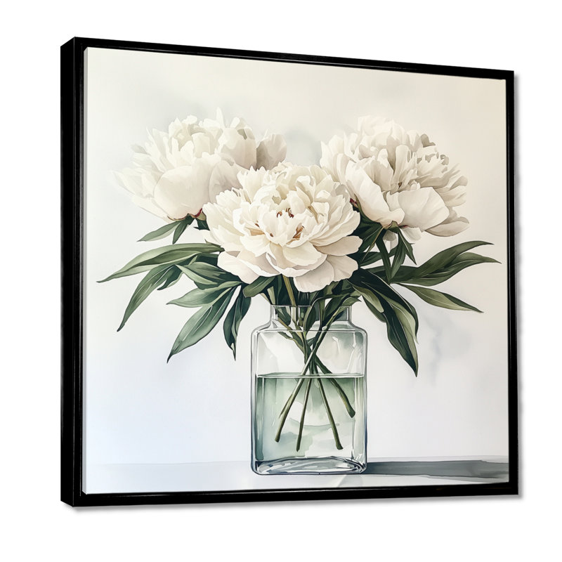 Mimalisme pivoines dans un vase en verre II - pivoines, art mural, Impression encadrée flottante, Noir, H 16 po x l 16 po
