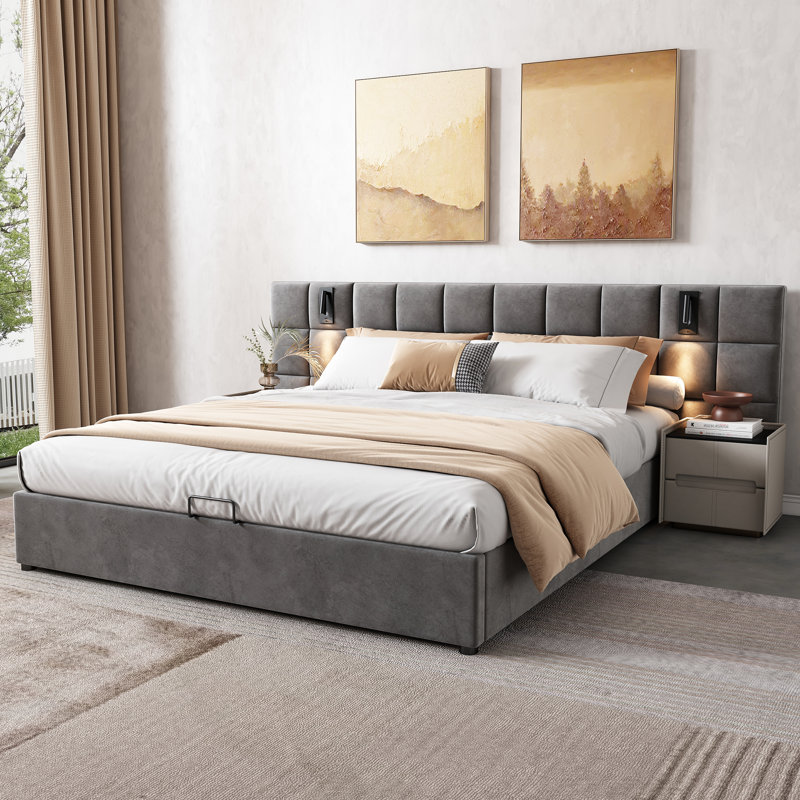 Platform Bed Frame With Wide Headboard, Reading Lamp And Usb Port, Double (4'6)