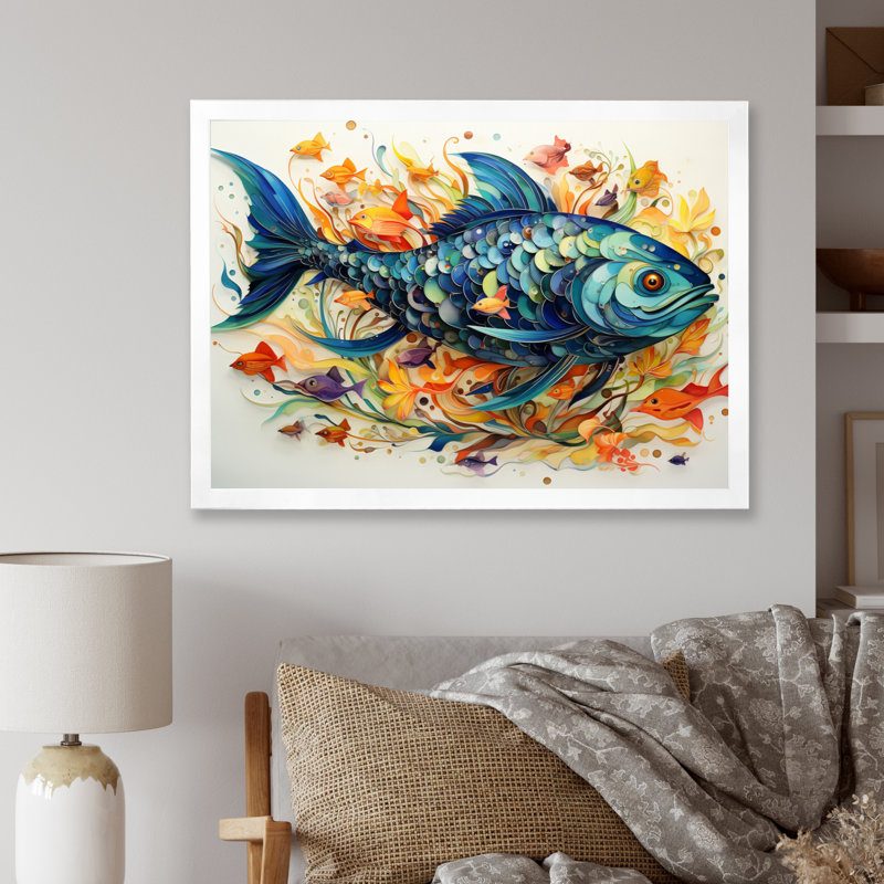 Pêche à la baleine de couleurs III - impression, H 30 po x l 40 po x P 1,5 po, Cadre simple blanc