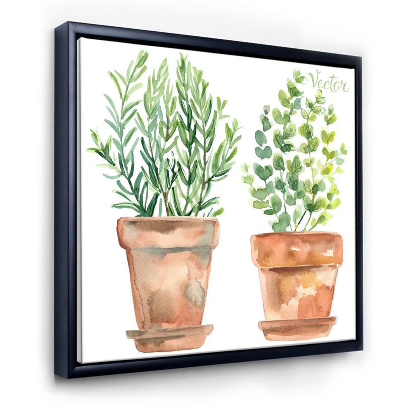 Deux plantes vertes dans des pots de fleurs orange - peinture sur toile, H 36 po x l 36 po x 1,5 po, Cadre flottant noir