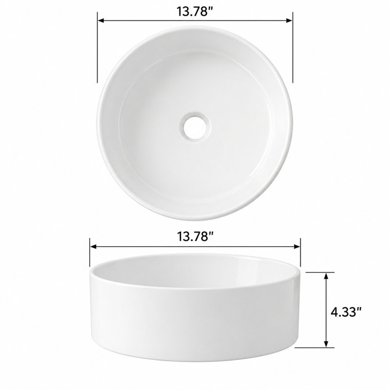 Lavabo vasque de salle de bain rond en céramique blanc 13,78 ", lavabo de comptoir moderne avec ouverture de drain 1,75"