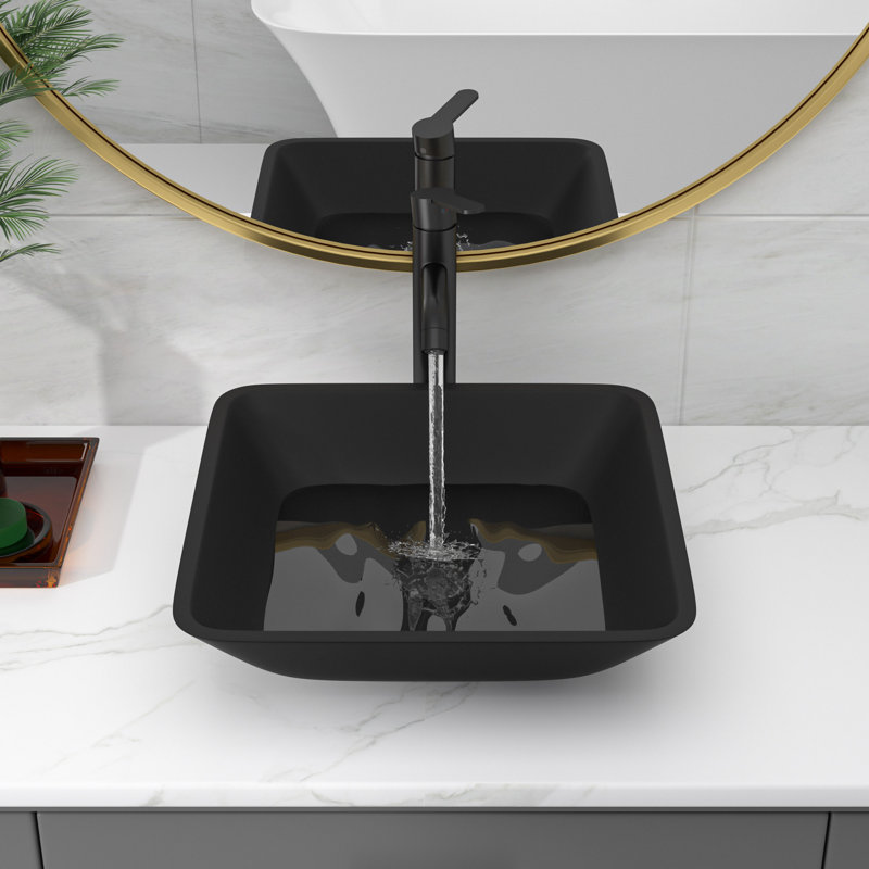 Lavabo vasque carré en verre trempé de 16,4 po avec bonde escamotable et robinet