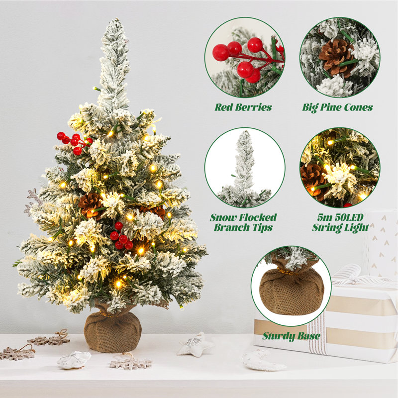2ft Artificial White Tabletop Christmas Tree with Pine Cone Red Fruit Branch Tips and LED String Lights