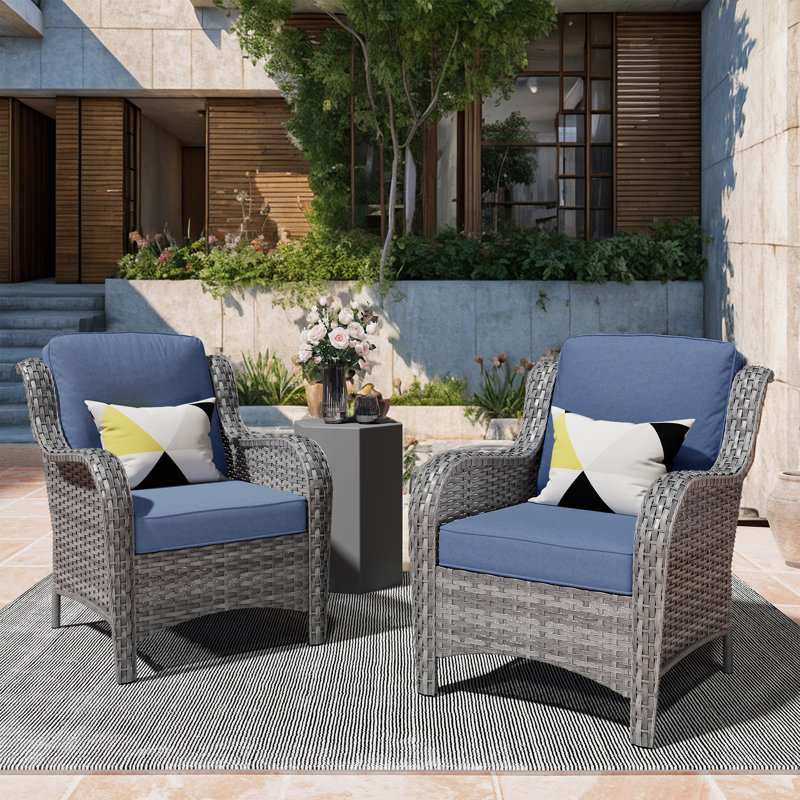Guillen Wicker/rattan Patio Chair With Cushions, Blue Cushion/Gray Frame