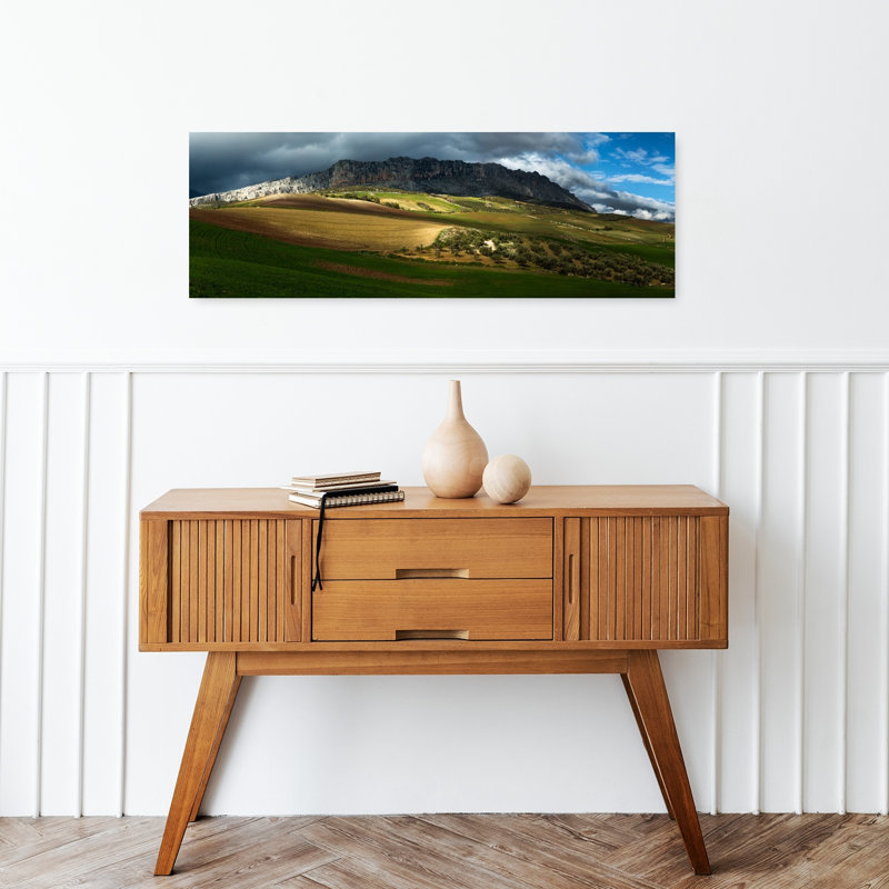 Sunlit Mountain Fields, dramatique, serein, abstrait, olivier, paysage, montagne, art mural, H 12 po x l 36 po