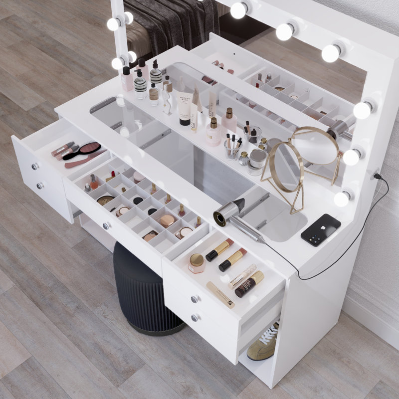 Boahaus Nora Makeup Vanity Set With Lights, Glass Top, USB-C Charger, 7 Drawers & Stool
