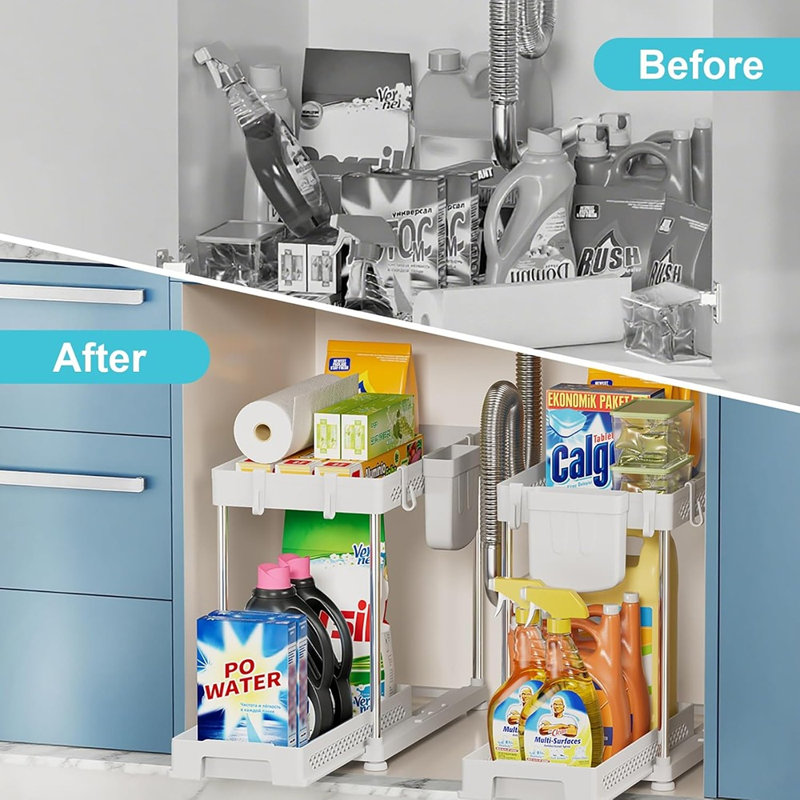 2-Pack 2-Tier Under Sink Pull-Out Organizer With Hooks For Kitchen And Bathroom, Multi-Purpose Cabinet Storage, White