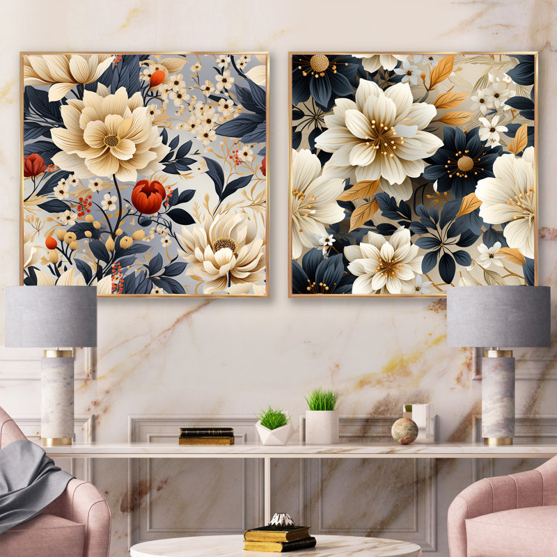 Olathe - Ensemble de 2 collages carrés floraux, Cadre flottant doré, H 36 po x l 73 po