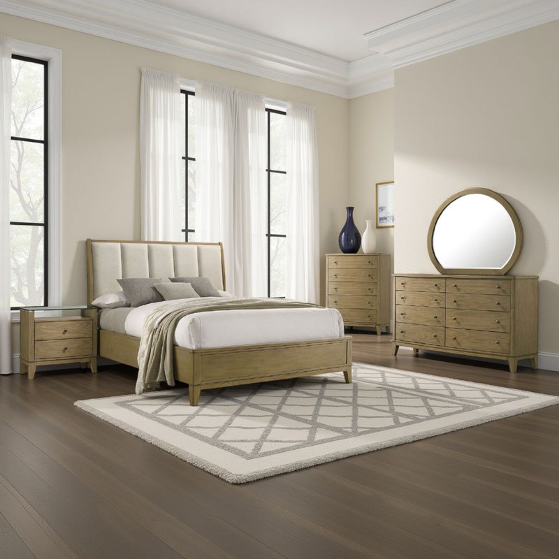 Ensemble de chambre pour grand lit 5 pièces Heon, tête de lit capitonnée beige, brun naturel, Grand lit