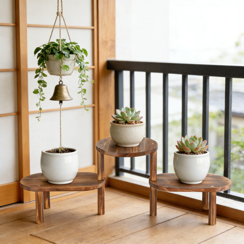 Support à plante à 3 niveaux pour l'intérieur - étagère à fleurs en bois convexe réglable pour les petits espaces