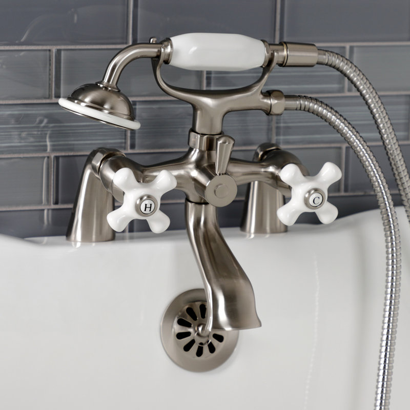 Kingston Brass Kingston Three-Handle 2-Hole Deck Mount Clawfoot Tub Faucet with Hand Shower, Brushed Nickel