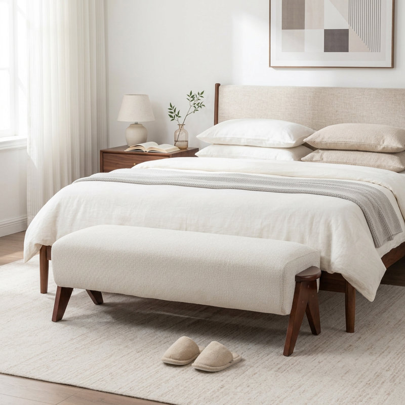 Karsen Upholstered Bench With Solid Wood Leg, Beige