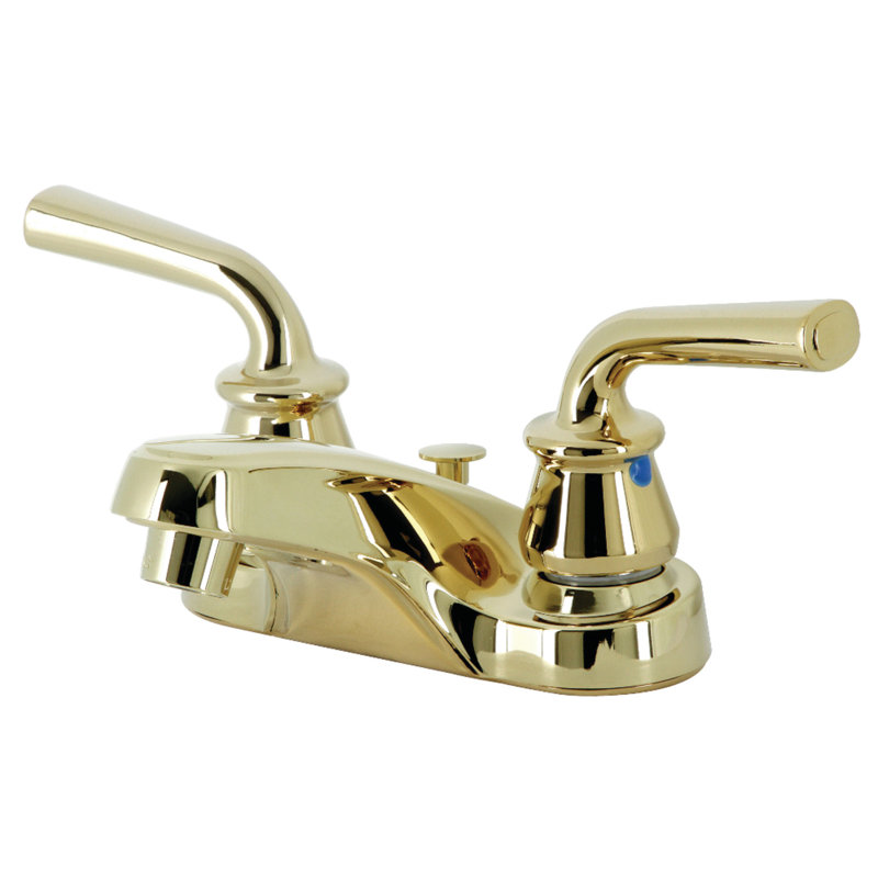 Kingston Brass Restoration Two-Handle 3-Hole Deck Mount 4" Centerset Bathroom Faucet with Plastic Pop-Up, Gold