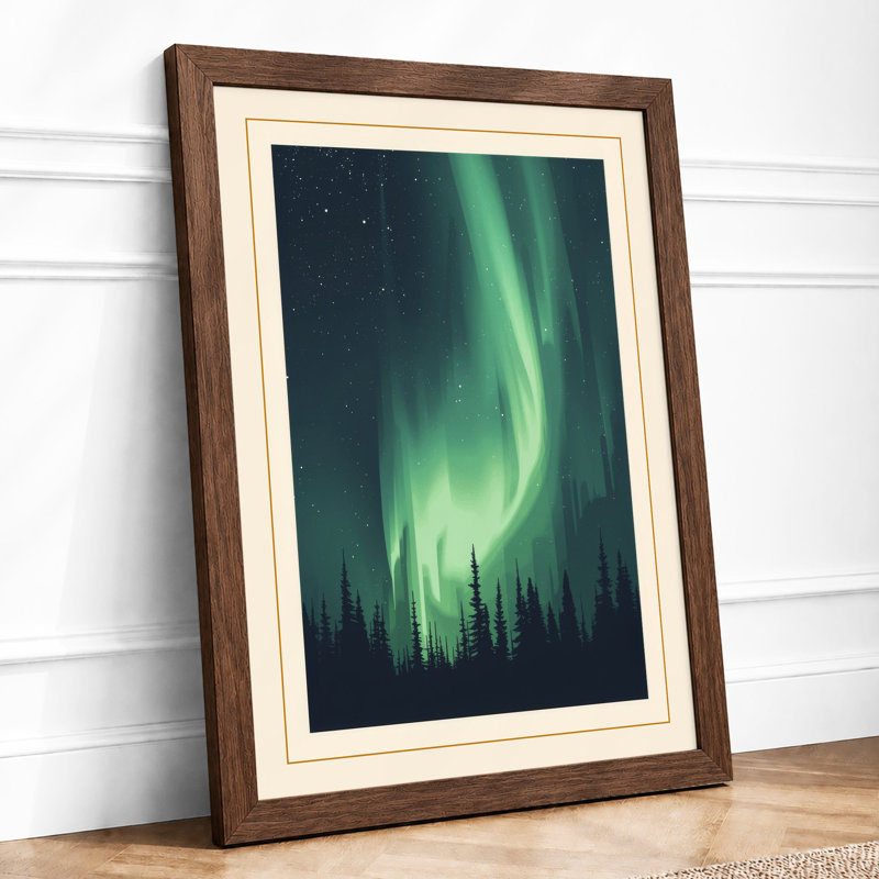 Aurora Over Silent Forest Scandinavian - Framed Print, A3 - 42.0 x 29.7 cm, Walnut