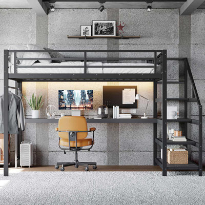 Lit mezzanine en métal avec lumières DEL et ports USB Lit avec filets en fer multifonctionnels et bureau