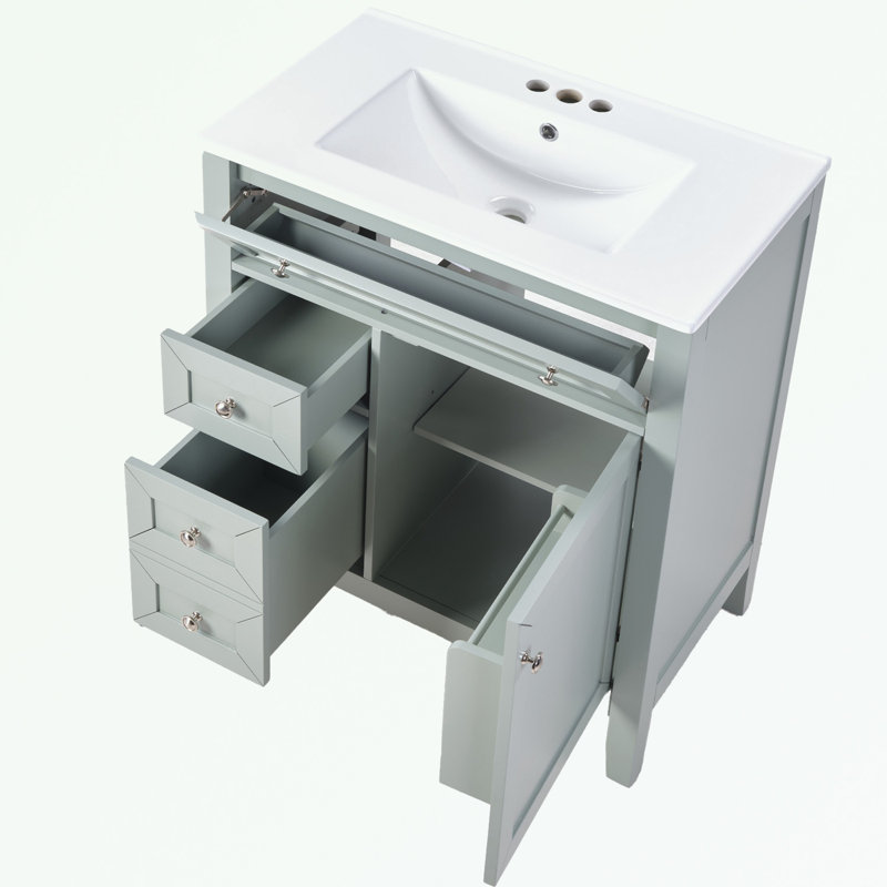 Meuble-lavabo de salle de bain avec lavabo encastré en céramique, tiroir de rangement et tablette réglable