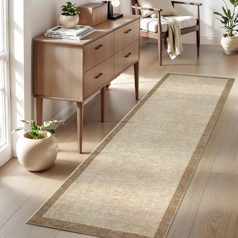 Bordered Machine Washable Rug with Rubber Backing Non Slip Soft Non Shedding Low Pile Thin Foldable Indoor Carpet, Camel