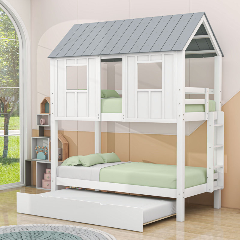 Twin Wooden House-Shaped Bunk Bed With Twin Trundle And Ladder