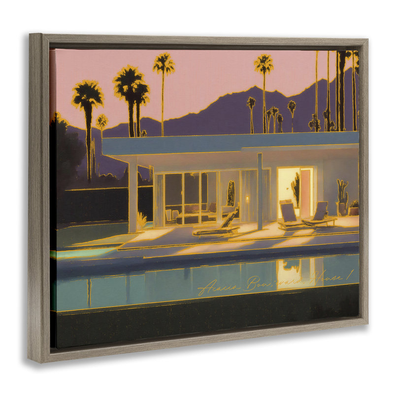 "Sunset Glow Summer Pool", art mural sur toile flottante par Noah Bay, Cadre flottant orme Montalcino, H 17 po x l 21 po