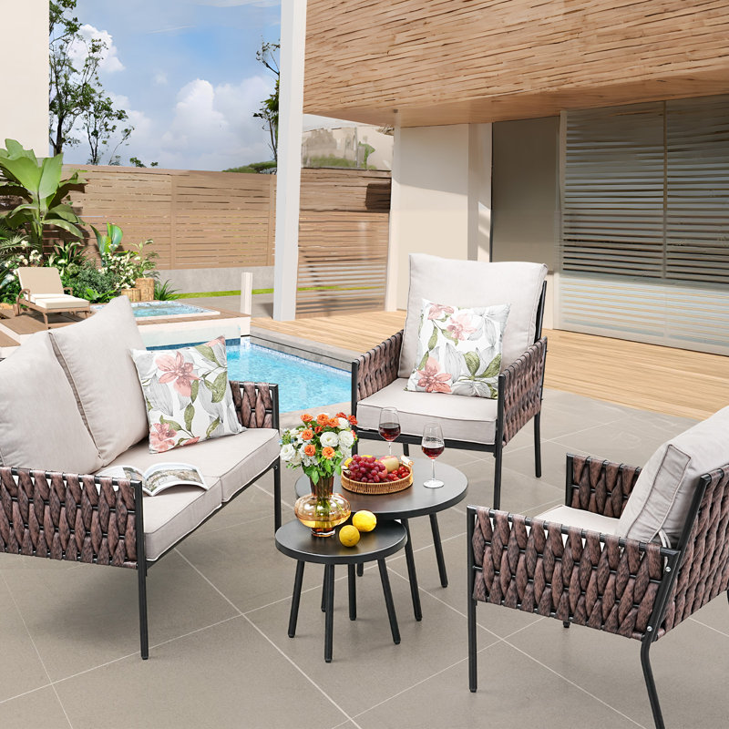 5 Pieces Patio Furniture Set,Outdoor Conversation Set with 2 Round Side Tables,Modern Metal Outdoor Couch with Waterproof Cushions for Backyard,Porch