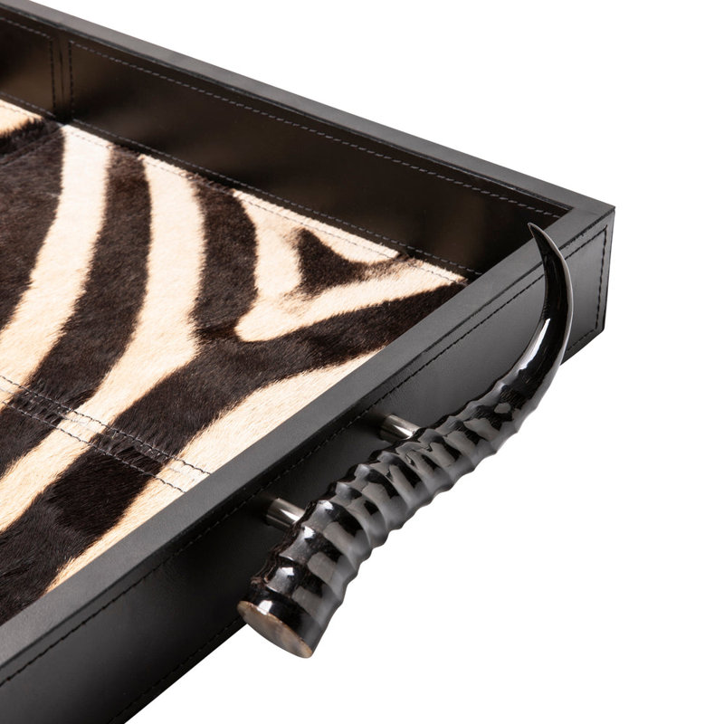 Leather Rectangle Tray W/ Zebra Inlay - Springbok Horn Handles