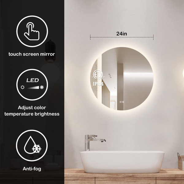 LED Round Bathroom Mirror with Lights, Smart Dimmable Vanity Mirrors for Wall, Anti-Fog Backlit Lighted Makeup Mirror Orren Ellis Size: 28 x 28