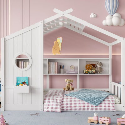 Twin Size Floor House Bed, Bed With Semi - Enclosed , Storage Shelf, Structure ,