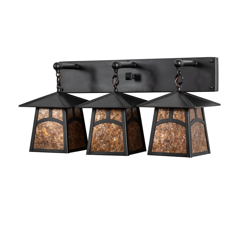 Craftsman Brown 26" Solid Brass Amber Mica 3-Light Vanity Fixture
