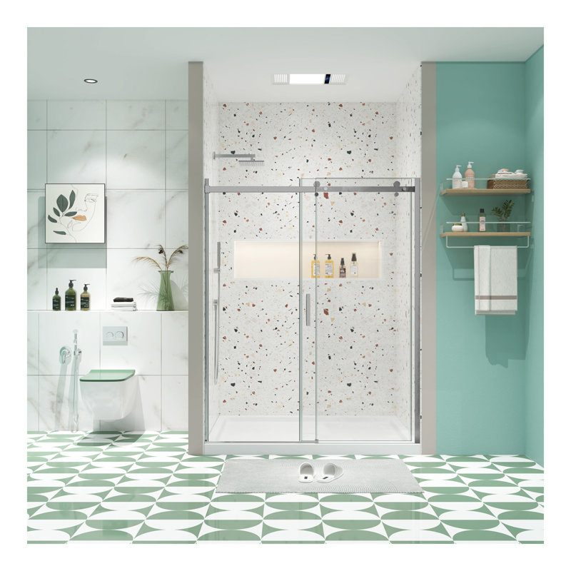 Porte de douche en verre, porte coulissante, avec verre trempé de 5/16 po, Chrome chrome