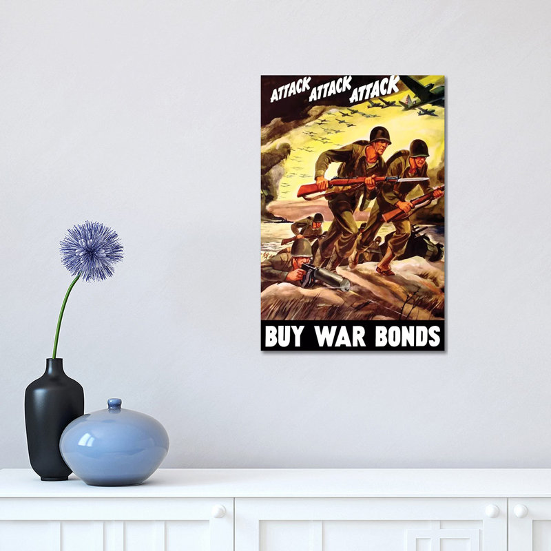 WWII Propaganda Poster Of Soldiers Assaulting A Beach With Rifles by Stocktrek Images - Wrapped Canvas Print