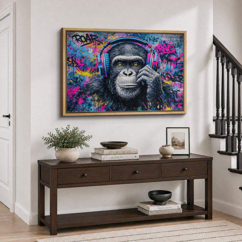Chimpanzé, casque d'écoute, graffiti, Cadre naturel, H 16 po x l 24 po x P 1,5 po